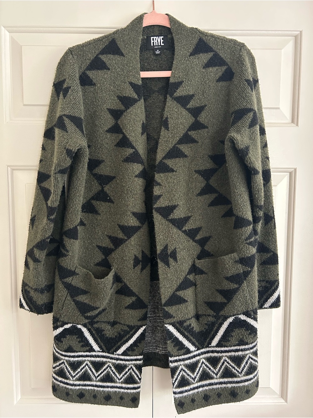 FRYE Geometric Aztec Long Open Cardigan Olive Green & Black, Size Medium